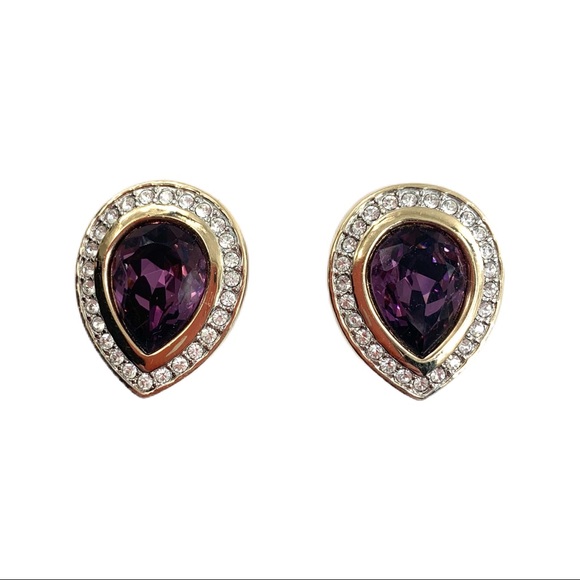 VTG Swarovski Amethyst Tear Drop Clip Earrings - Picture 2 of 10